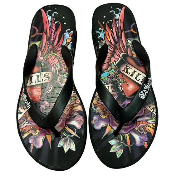 Ed Hardy Wedge Sandals Size 10 black/red Love Kills - Picture 1 of 6